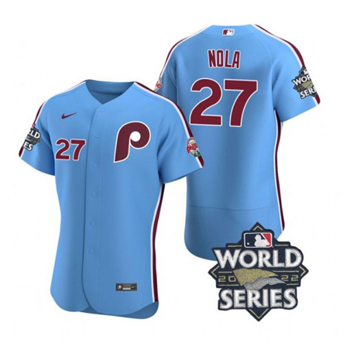 Phillies #27 Aaron Nola Blue Nike 2022 World Series Flexbase Jersey