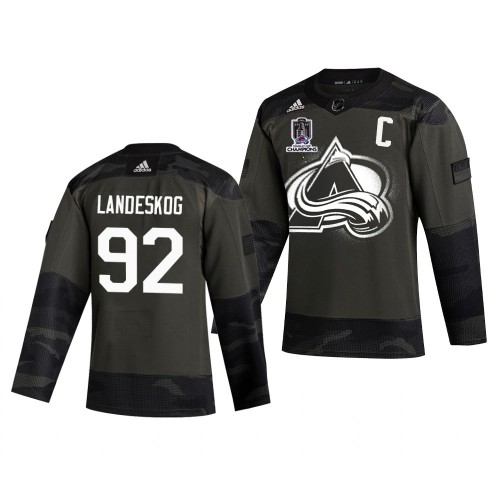 Colorado Colorado Avalanche #92 Gabriel Landeskog Adidas 2022 Stanley Cup Champions Veterans Day Men’s Authentic Practice NHL Jersey Camo Men’s