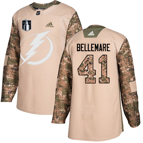 Adidas Tampa Bay Lightning #41 Pierre-Edouard Bellemare Camo Authentic 2022 Stanley Cup Final Patch Veterans Day Stitched NHL Jersey Men’s