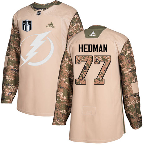 Adidas Tampa Bay Lightning #77 Victor Hedman Camo Authentic 2022 Stanley Cup Final Patch Veterans Day Stitched NHL Jersey Men’s