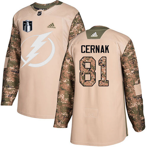 Adidas Tampa Bay Lightning #81 Erik Cernak Camo Authentic 2022 Stanley Cup Final Patch Veterans Day Stitched NHL Jersey Men’s