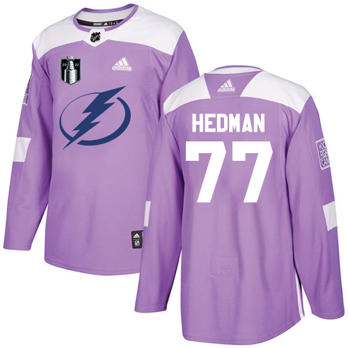 Adidas Tampa Bay Lightning #77 Victor Hedman Purple Authentic 2022 Stanley Cup Final Patch Fights Cancer Stitched NHL Jersey Men’s