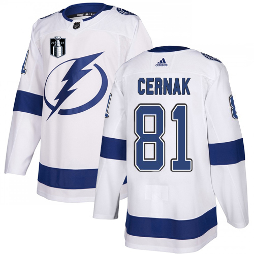 Adidas Tampa Bay Lightning #81 Erik Cernak White 2022 Stanley Cup Final Patch Road Authentic NHL Stanley Cup Final Patch Jersey Men’s