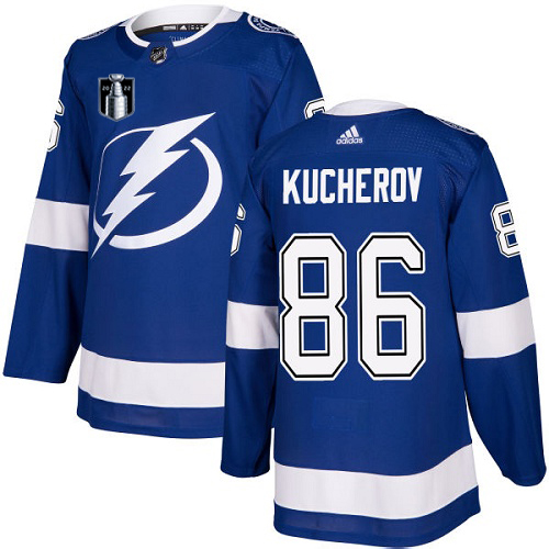 Adidas Tampa Bay Lightning #86 Nikita Kucherov Blue 2022 Stanley Cup Final Patch Home Authentic Stitched NHL Jersey Men’s