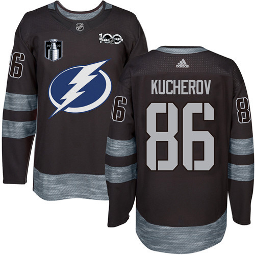 Adidas Tampa Bay Lightning #86 Nikita Kucherov Black 2022 Stanley Cup Final Patch 100th Anniversary Stitched NHL Jersey Men’s
