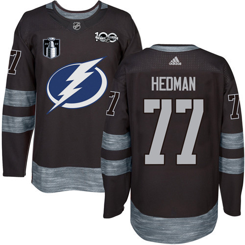 Adidas Tampa Bay Lightning #77 Victor Hedman Black 2022 Stanley Cup Final Patch 100th Anniversary Stitched NHL Jersey Men’s