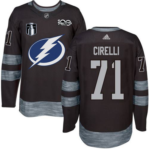 Adidas Tampa Bay Lightning #71 Anthony Cirelli Black 2022 Stanley Cup Final Patch 100th Anniversary Stitched NHL Jersey Men’s