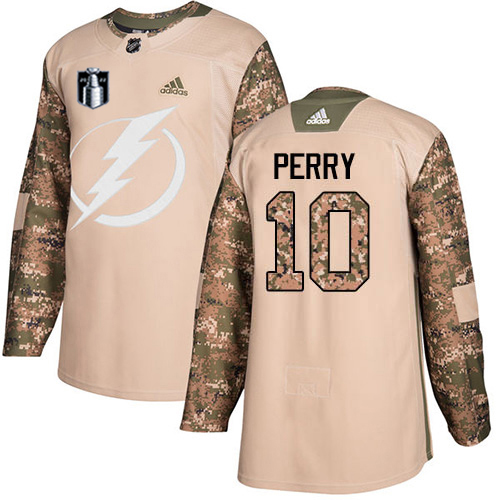Adidas Tampa Bay Lightning #10 Corey Perry Camo Authentic 2022 Stanley Cup Final Patch Veterans Day Stitched NHL Jersey Men’s