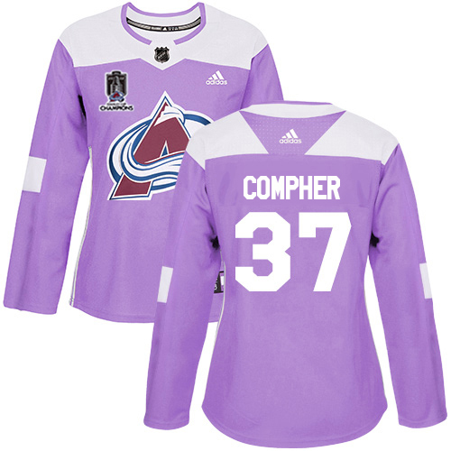 Adidas Colorado Avalanche #37 J.T. Compher Purple Women’s 2022 Stanley Cup Champions Authentic Fights Cancer Stitched NHL Jersey Womens