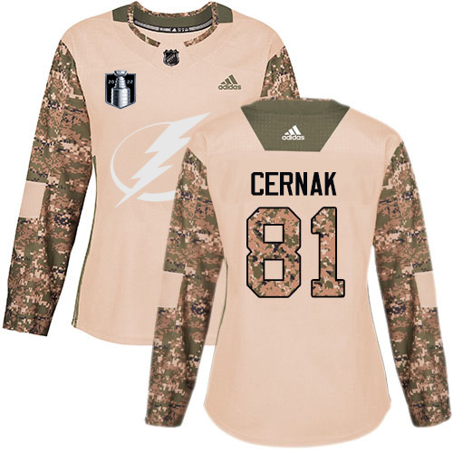 Adidas Tampa Bay Lightning #81 Erik Cernak Camo Authentic 2022 Stanley Cup Final Patch Women’s Veterans Day Stitched NHL Jersey Womens