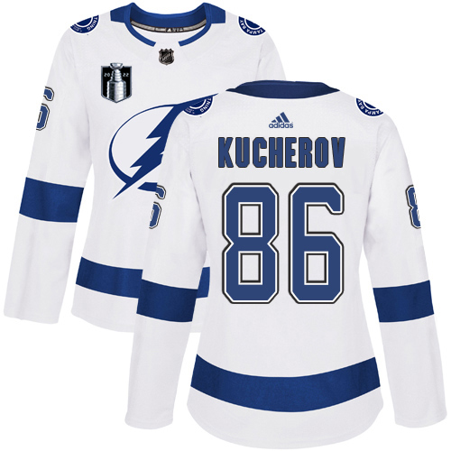 Adidas Tampa Bay Lightning #86 Nikita Kucherov White 2022 Stanley Cup Final Patch Women’s Road Authentic NHL Stanley Cup Final Patch Jersey Womens