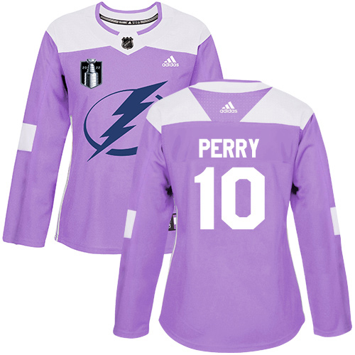 Adidas Tampa Bay Lightning #10 Corey Perry Purple Women’s Authentic 2022 Stanley Cup Final Patch Fights Cancer Stitched NHL Jersey Womens