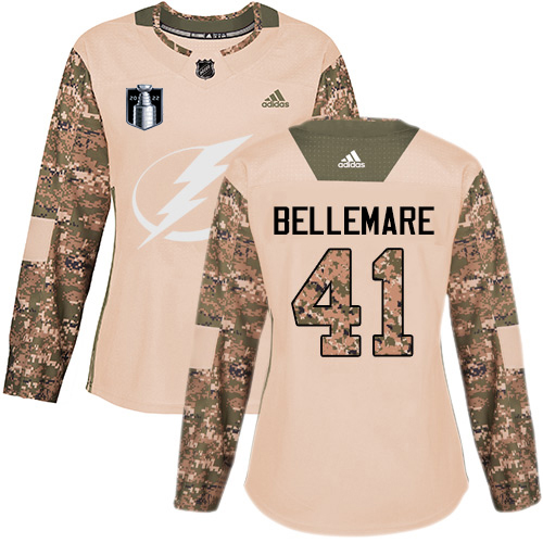 Adidas Tampa Bay Lightning #41 Pierre-Edouard Bellemare Camo Women’s Authentic 2022 Stanley Cup Final Patch Veterans Day Stitched NHL Jersey Womens