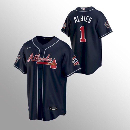 Atlanta Atlanta Braves #1 Ozzie Albies Nike 150th Anniversary 2021 World Series Youth MLB Jersey – Navy Youth