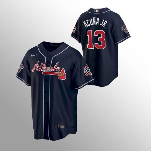 Atlanta Atlanta Braves #13 Ronald Acuna Jr. Nike 150th Anniversary 2021 World Series Youth MLB Jersey – Navy Youth