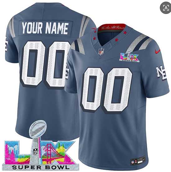 Mens New England Patriots Active Player Custom Storm Blue 2025 F.U.S.E. Super Bowl LX Patch Rivalries Vapor Limited Stitched Jersey