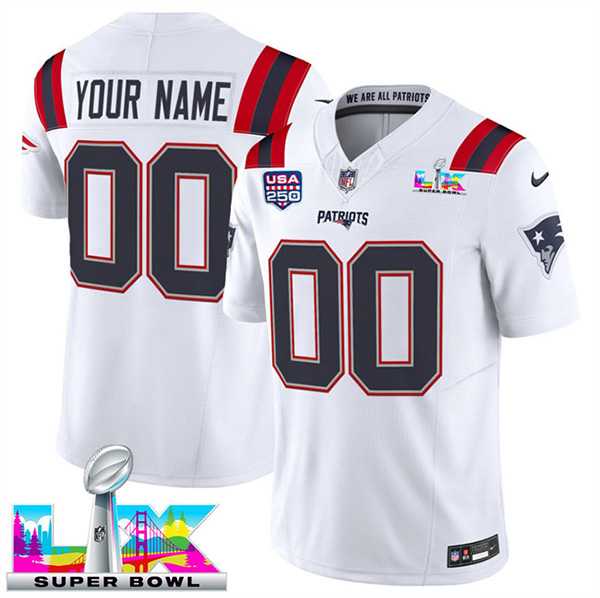 Mens New England Patriots Active Player Custom White 2025 F.U.S.E. Super Bowl LX & USA 250 Patch Vapor Limited Stitched Jersey