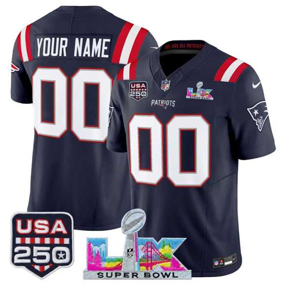 Mens New England Patriots Active Player Custom Navy 2025 F.U.S.E. Super Bowl LX & USA 250 Patch Vapor Limited Stitched Jersey