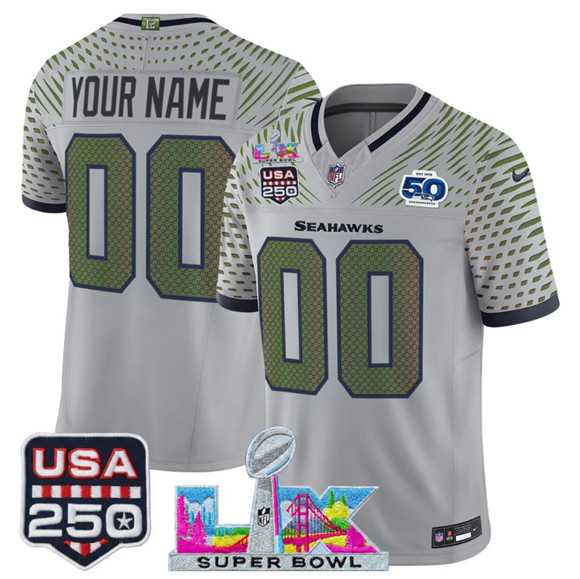 Mens Seattle Seahawks Active Player Custom Gray 2025 F.U.S.E. Super Bowl LX & US 250th anniversary Patch And 50th Season Patch Rivalries Vapor Limited Stitched Jersey