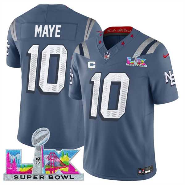 Mens New England Patriots #10 Drake Maye Storm Blue 2025 F.U.S.E. Super Bowl LX Patch And 1-Star C Patch Rivalries Vapor Limited Stitched Jersey