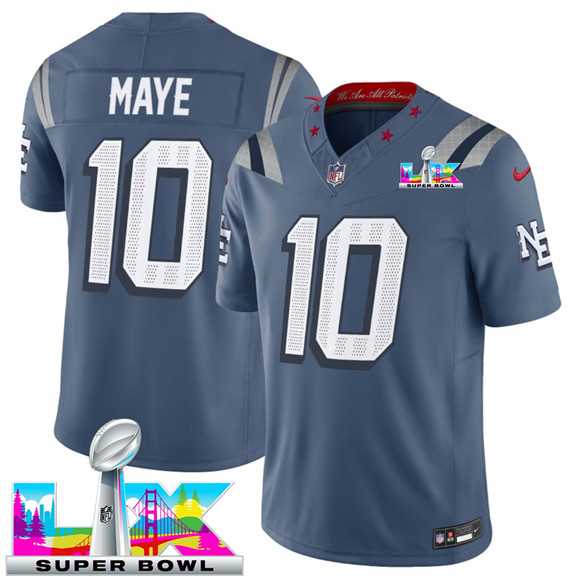 Mens New England Patriots #10 Drake Maye Storm Blue 2025 F.U.S.E. Super Bowl LX Patch Rivalries Vapor Limited Stitched Jersey