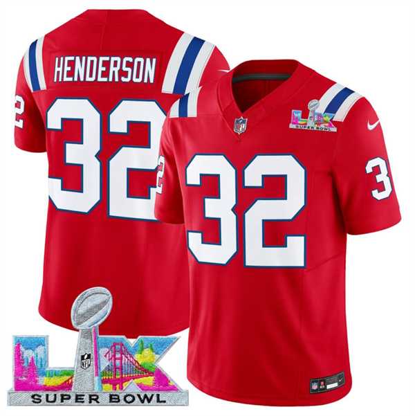 Mens New England Patriots #32 TreVeyon Henderson Red 2025 F.U.S.E. Super Bowl LX Patch Vapor Limited Stitched Jersey