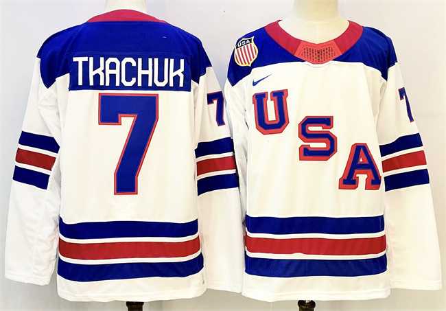 Mens USA #7 Brady Tkachuk White 2025-2026 Stitched Jersey