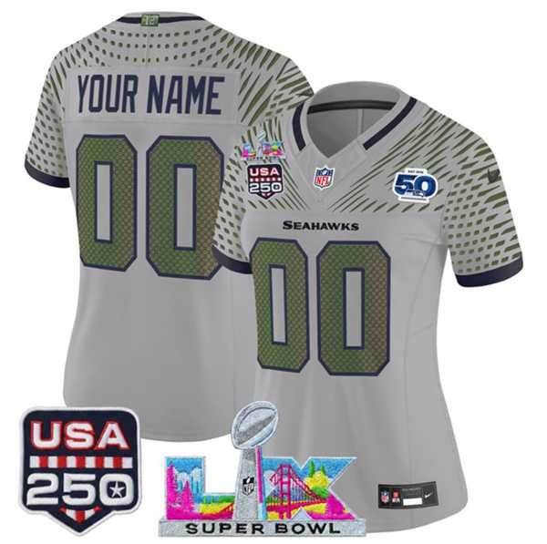 Womens Seattle Seahawks Active Player Custom Gray 2025 F.U.S.E. Super Bowl LX & US 250th anniversary Patch And 50th Season Patch Rivalries Vapor Limited Stitched Jersey