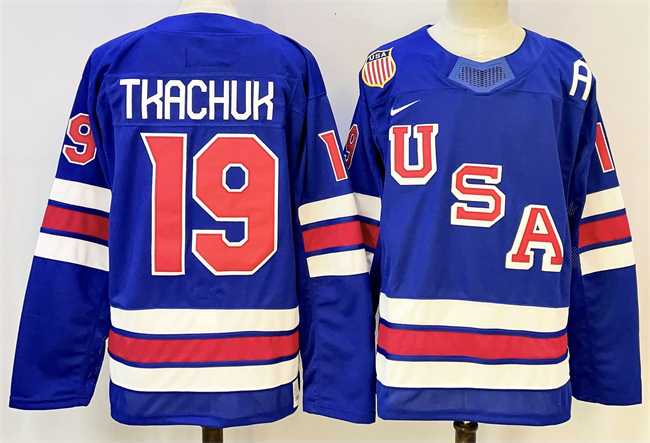 Mens USA #19 Matthew Tkachuk Royal 2025-2026 Stitched Jersey
