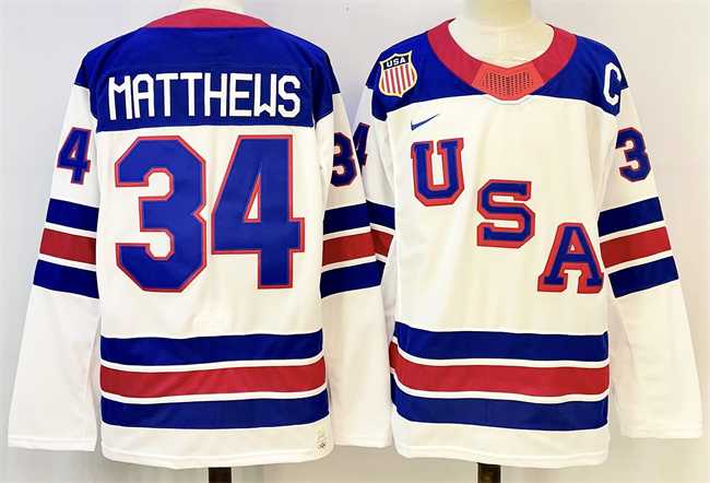 Mens USA #34 Auston Matthews White 2025-2026 With C Patch Stitched Jersey