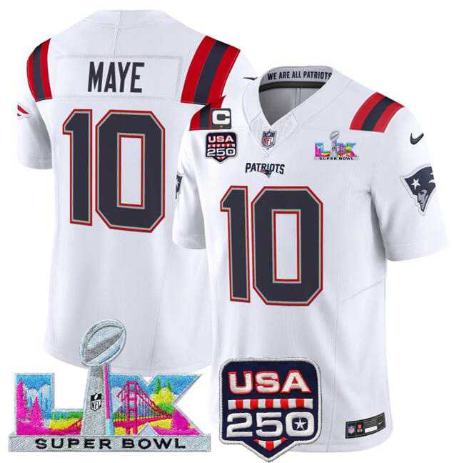 Mens New England Patriots #10 Drake Maye White 2025 F.U.S.E. Super Bowl LX Patch USA 250 Patch Vapor Limited Stitched Jersey