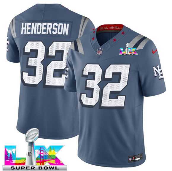 Mens New England Patriots #32 TreVeyon Henderson Storm Blue 2025 F.U.S.E. Super Bowl LX Patch Rivalries Vapor Limited Stitched Jersey