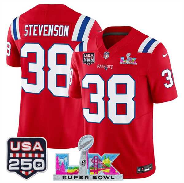 Mens New England Patriots #38 Rhamondre Stevenson Red 2025 F.U.S.E. Super Bowl LX Patch And USA 250 Patch Vapor Limited Stitched Jersey