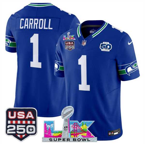 Mens Seattle Seahawks #1 Pete Carroll Royal 2025 F.U.S.E. Super Bowl LX Patch And 50th Season & USA 250 Patch Vapor Throwback Limited Stitched Jersey