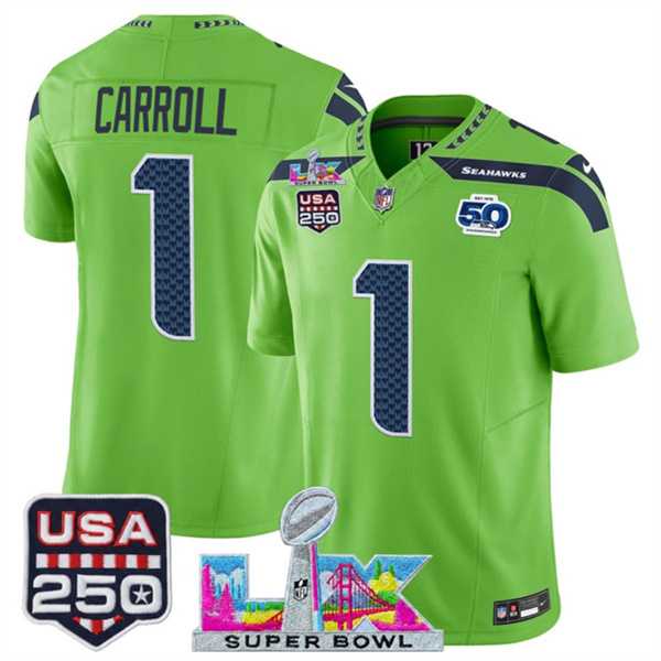 Mens Seattle Seahawks #1 Pete Carroll Green 2025 F.U.S.E. Super Bowl LX Patch And 50th Season & USA 250 Patch Vapor Limited Stitched Jersey