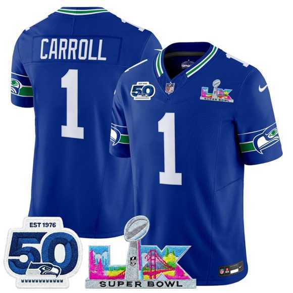 Mens Seattle Seahawks #1 Pete Carroll Royal 2025 F.U.S.E. Super Bowl LX Patch And 50th Season Patch Vapor Throwback Limited Stitched Jersey