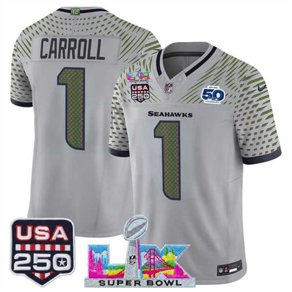 Mens Seattle Seahawks #1 Pete Carroll Gray 2025 F.U.S.E. Super Bowl LX & US 250th anniversary Patch And 50th Season Patch Rivalries Vapor Limited Stitched Jersey