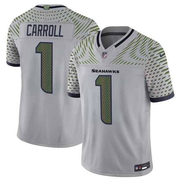 Mens Seattle Seahawks #1 Pete Carroll Gray 2025 F.U.S.E. Rivalries Vapor Untouchable Limited Stitched Jersey Dzhi