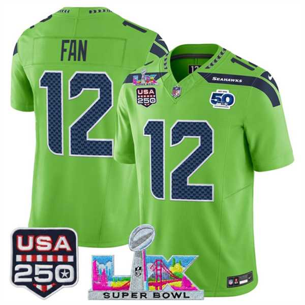 Mens Seattle Seahawks #12 Fan Green 2025 F.U.S.E. Super Bowl LX Patch And 50th Season & USA 250 Patch Vapor Limited Stitched Jersey