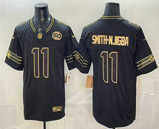 Mens Seattle Seahawks #11 Jaxon Smith-Njigba Black Gold 2025 FUSE 50th Season Patch Limited Stitched Jersey Dzhi