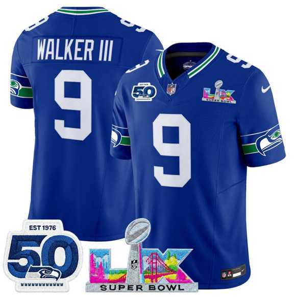 Mens Seattle Seahawks #9 Kenneth Walker III Royal 2025 F.U.S.E. Super Bowl LX Patch And 50th Season Patch Vapor Throwback Limited Stitched Jersey