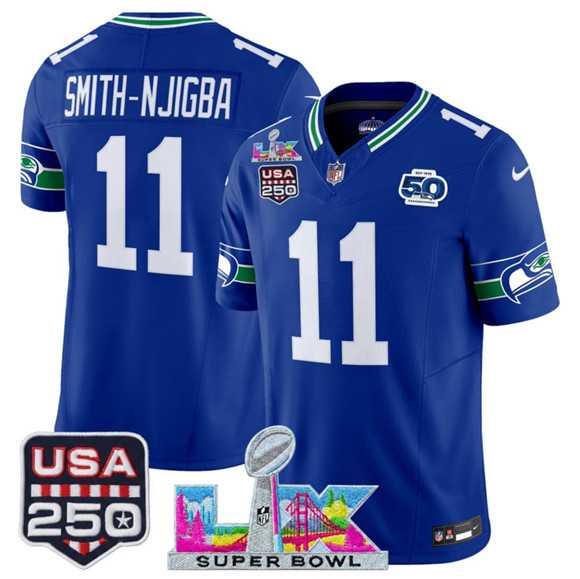 Mens Seattle Seahawks #11 Jaxon Smith-Njigba Royal 2025 F.U.S.E. Super Bowl LX Patch And 50th Season & USA 250 Patch Vapor Throwback Limited Stitched Jersey