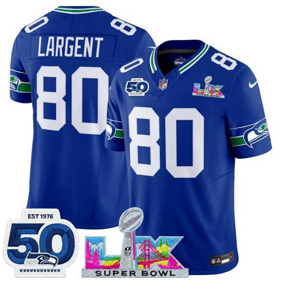 Mens Seattle Seahawks #80 Steve Largent Royal 2025 F.U.S.E. Super Bowl LX Patch And 50th Season Patch Vapor Throwback Limited Stitched Jersey