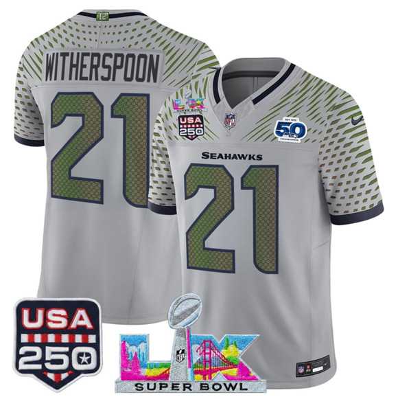 Mens Seattle Seahawks #21 Devon Witherspoon Gray 2025 F.U.S.E. Super Bowl LX & US 250th anniversary Patch And 50th Season Patch Rivalries Vapor Limited Stitched Jersey