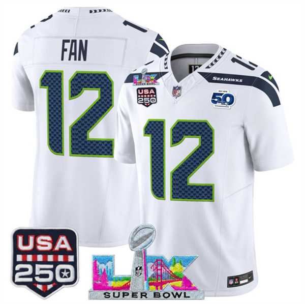 Mens Seattle Seahawks #12 Fan White 2025 F.U.S.E. Super Bowl LX Patch And 50th Season & USA 250 Patch Vapor Limited Stitched Jersey