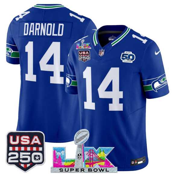 Mens Seattle Seahawks #14 Sam Darnold Royal 2025 F.U.S.E. Super Bowl LX Patch And 50th Season & USA 250 Patch Vapor Throwback Limited Stitched Jersey