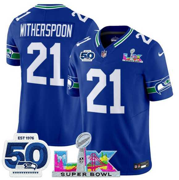 Mens Seattle Seahawks #21 Devon Witherspoon Royal 2025 F.U.S.E. Super Bowl LX Patch And 50th Season Patch Vapor Throwback Limited Stitched Jersey