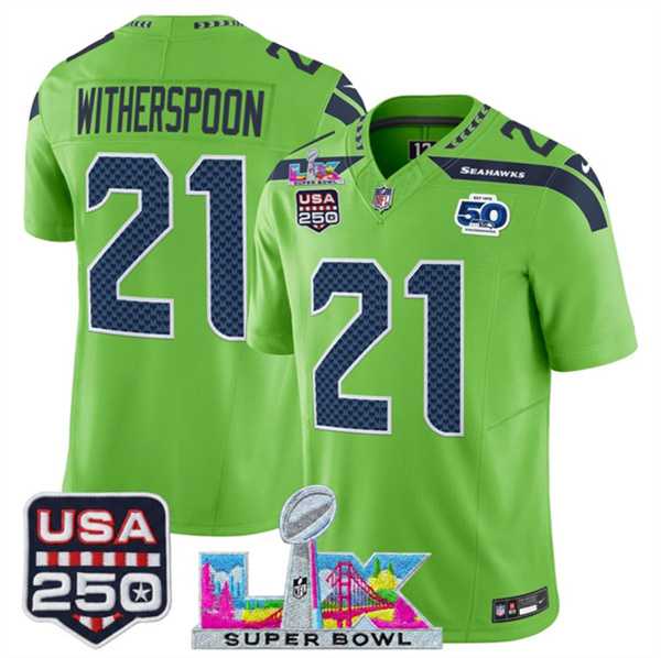 Mens Seattle Seahawks #21 Devon Witherspoon Green 2025 F.U.S.E. Super Bowl LX Patch And 50th Season & USA 250 Patch Vapor Limited Stitched Jersey