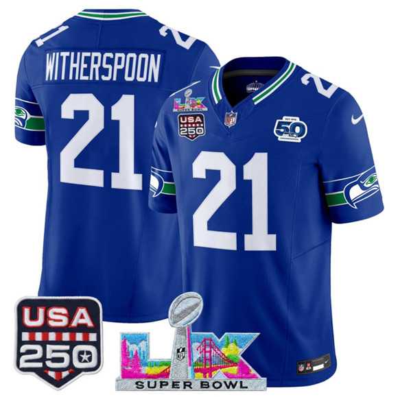 Mens Seattle Seahawks #21 Devon Witherspoon Royal 2025 F.U.S.E. Super Bowl LX Patch And 50th Season & USA 250 Patch Vapor Throwback Limited Stitched Jersey