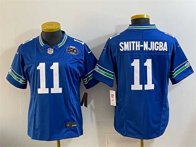Womens Seattle Seahawks #11 Jaxon Smith-Njigba Royal 2024 F.U.S.E 50th Anniversary Patch Throwback Vapor Stitched Jersey Dzhi